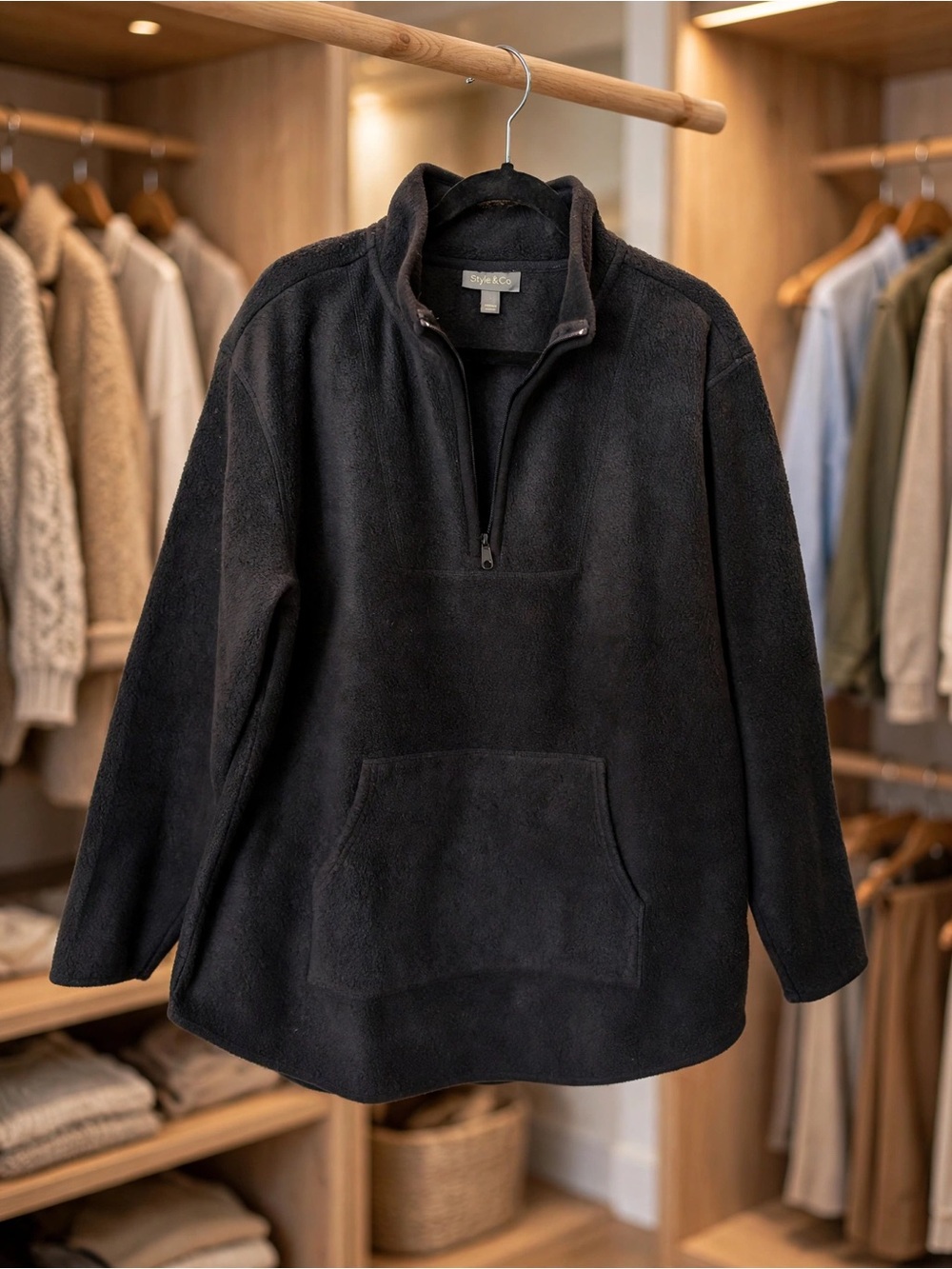 Style & Co Black Fleece Quarter Zip Pullover Kangaroo Pocket Size